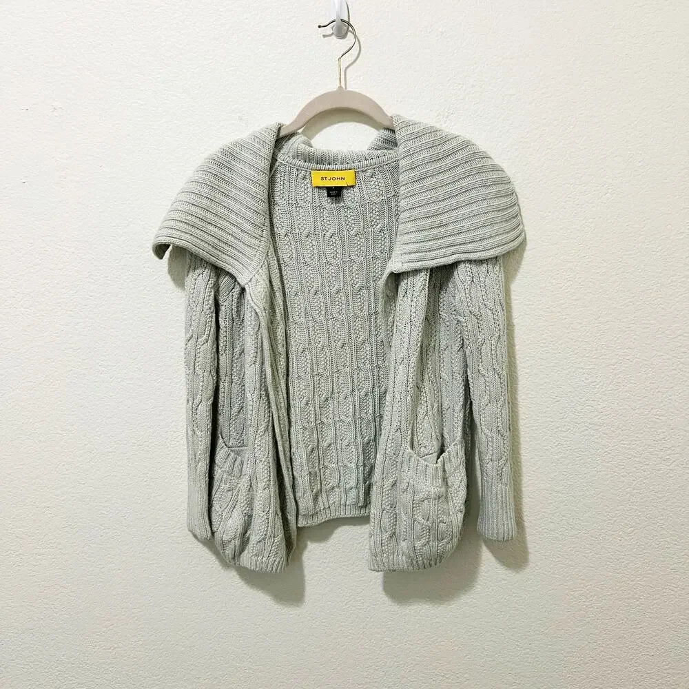 [St. John] Mint Green Open Front Chunky Cable Knit Cardigan Sweater Sz Petite P